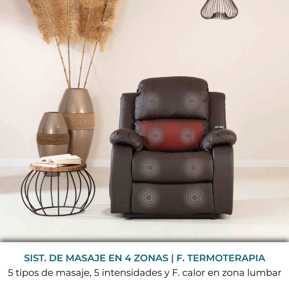 Don Descanso - Sillón Masaje Relax Calor Trevi Choco Reclinable 160º con 8 Motores Silenciosos, Calor Lumbar, Sist. Masaje 4 Zonas y Acabado en PU Anti-Cuarteo [Incluye Mando]. Ideal Gente Mayor