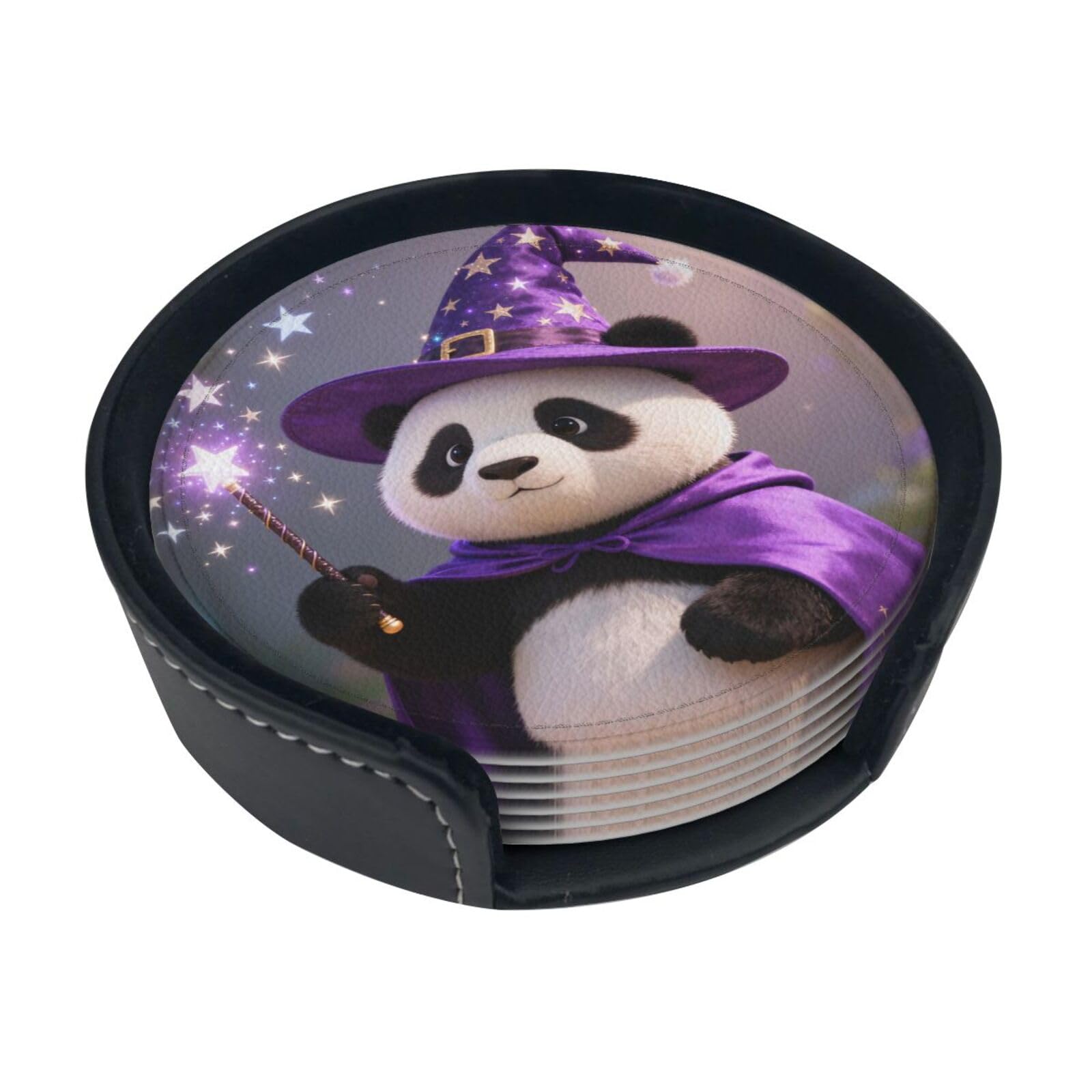 Cntdbu White Panda Wizard Magic Leather Coasters Set Of 6-Pu Leather Drink Mats For Table, Heat Resistant Round Coasters With Holder