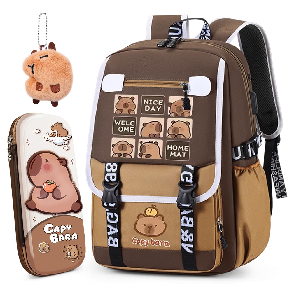 WFKKMEQ Capybara Backpacks, Children's Rucksack with Capybara Pencil Case Keychain Cartoon Schoolbag Lightweight Rucksack Travel Bag Nursery Book Bag Toddler Backpack Casual Daypack for Kids