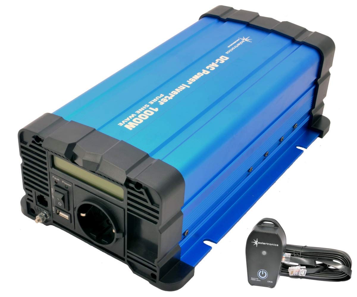 solartronics Przetwornica napięcia FS1000D 12 V 1000/2000 W czysty sinus niebieski z wyświetlaczem z pilotem zdalnego sterowania kabel