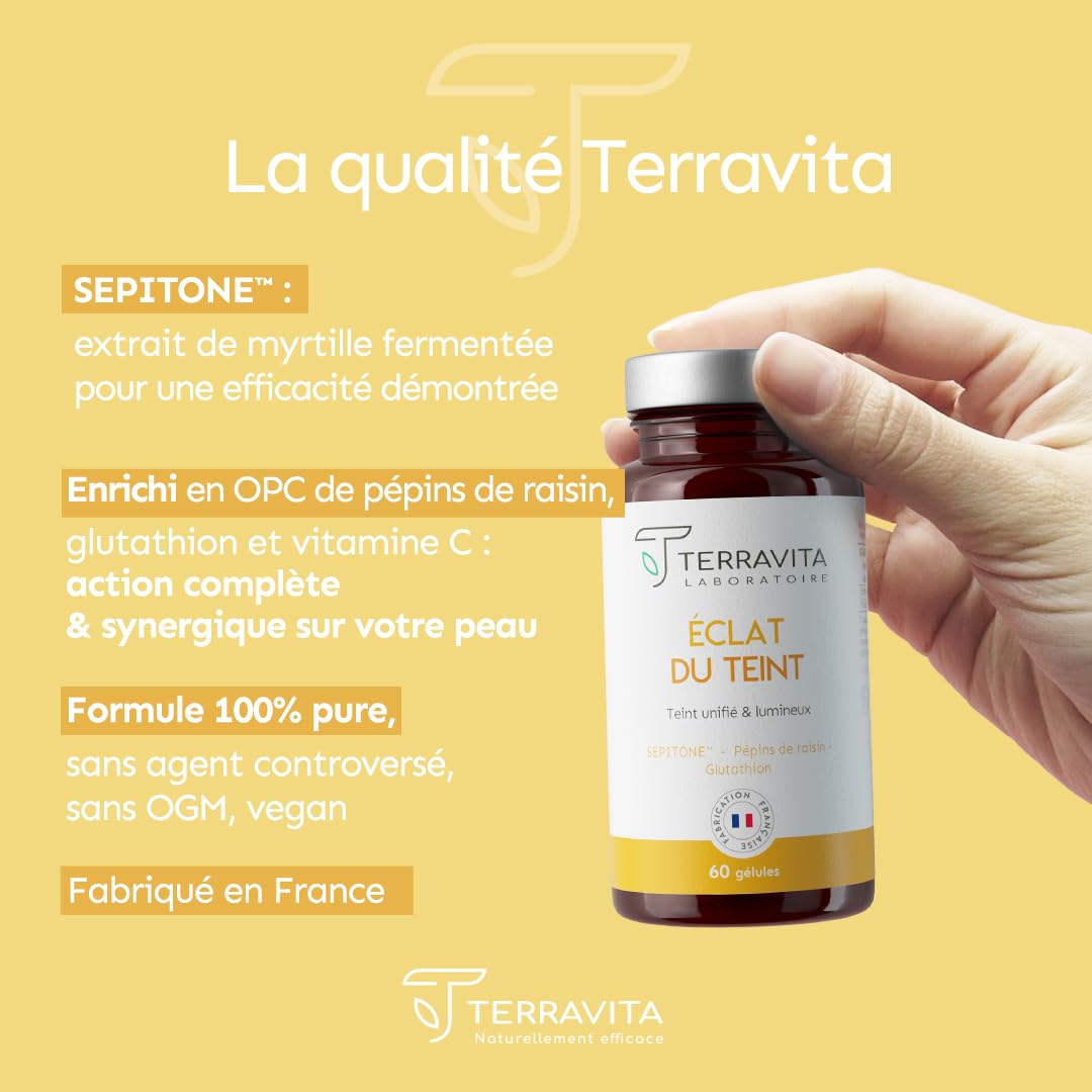 Eclat du Teint | Pépins de Raisin OPC + Extrait de Myrtille SEPITONE + Vitamine C + Glutathion Réduit | Peau Éclatante et Unifiée | Action Antioxydante | 60 Gélules Vegan | Made in France | Terravita