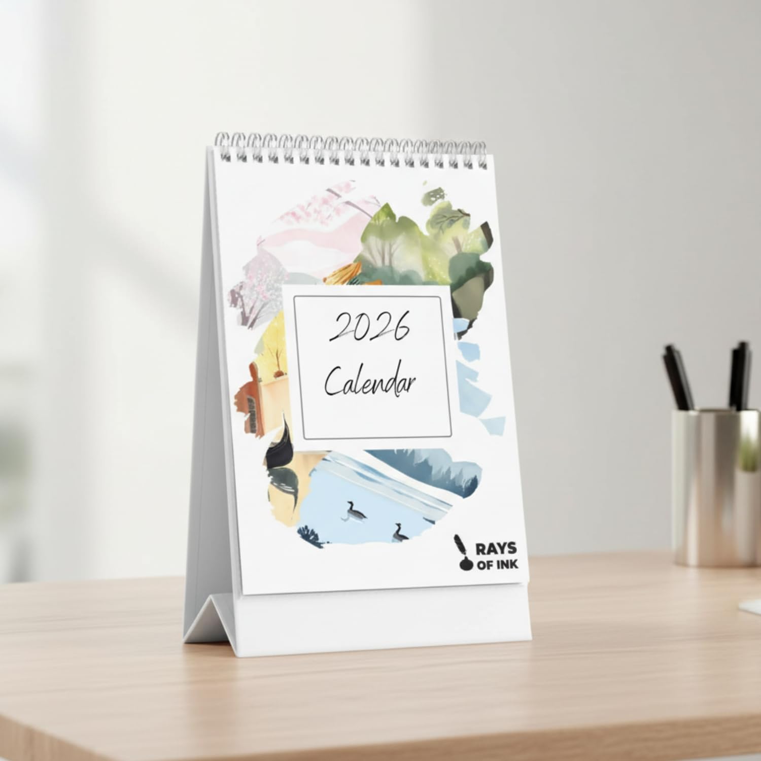 Rays Of Ink Desktop Calendar 2026 Watercolor Travel Design | Standing Flip Desk Calendar 2026 | Study Desk Twin Wirebound Calendar | Table Calendar | A5 Size (9 * 6 Inch) | Monthly Desktop Calendar