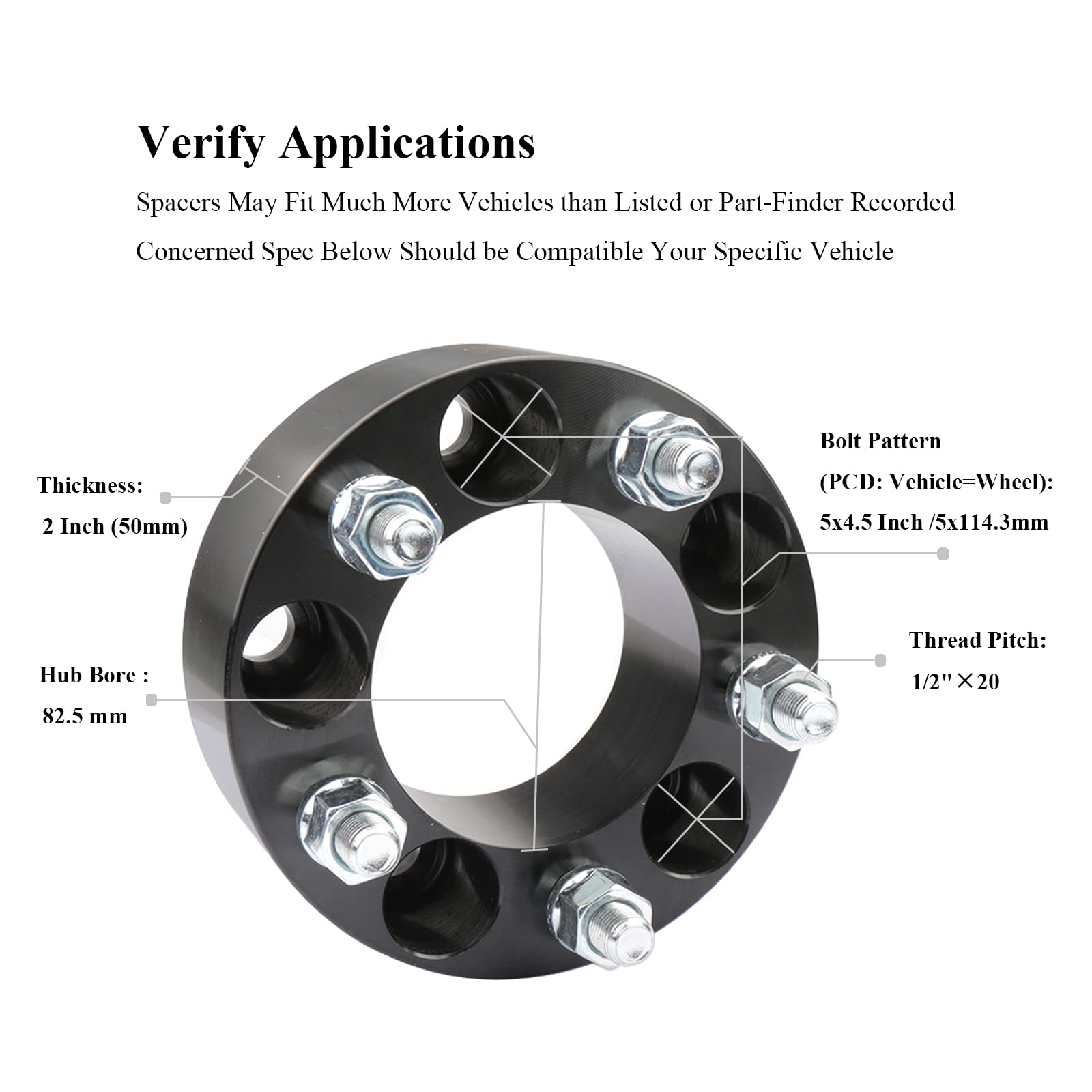 VIPCAR 4 Pack 2 Inch Bolt-on Wheel Spacers 1/2-20 Studs, 5x4.5 to 5x4.5 (5x114.3) Bolt Pattern, 82.5mm Hub Bore, for Jeep XJ/MJ/ZJ/TJ, for Ford Explorer/Crown Victoria/Mustang, Dakota/Charger, Lincoln