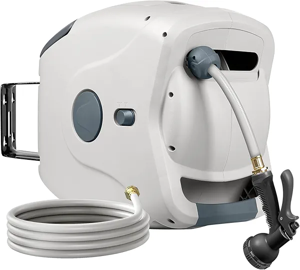 AXTRIM Retractable Garden Hose Reel, Retractable Hose 5/8 in x 82 ft, Retractable Garden Hose Wall Mounted, Retractable Hose Reel with 8-Function Sprayer Nozzle, Any Length Lock, 180° Swivel Bracket