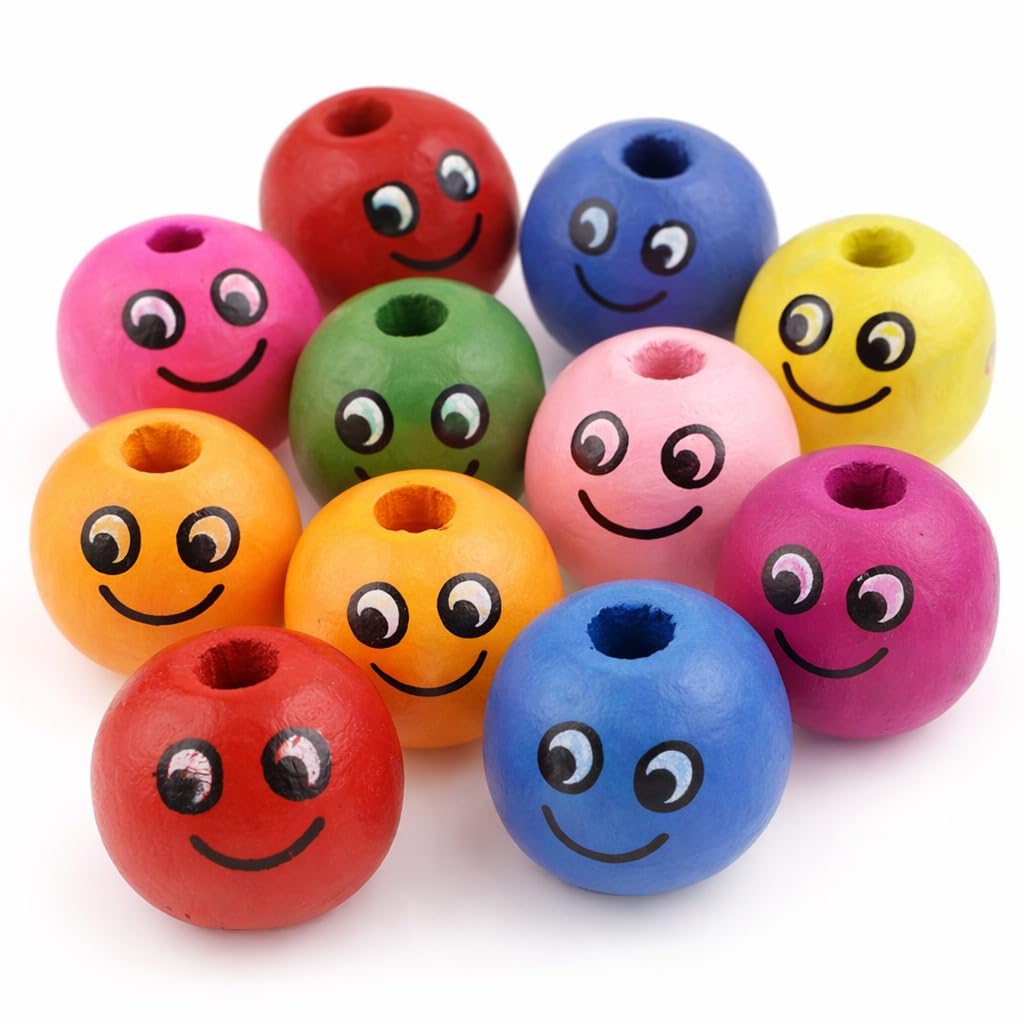 Perlin Lot De 60 Perles En Bois Motif Visage Smiley Multicolore - 14mm Trou 3mm