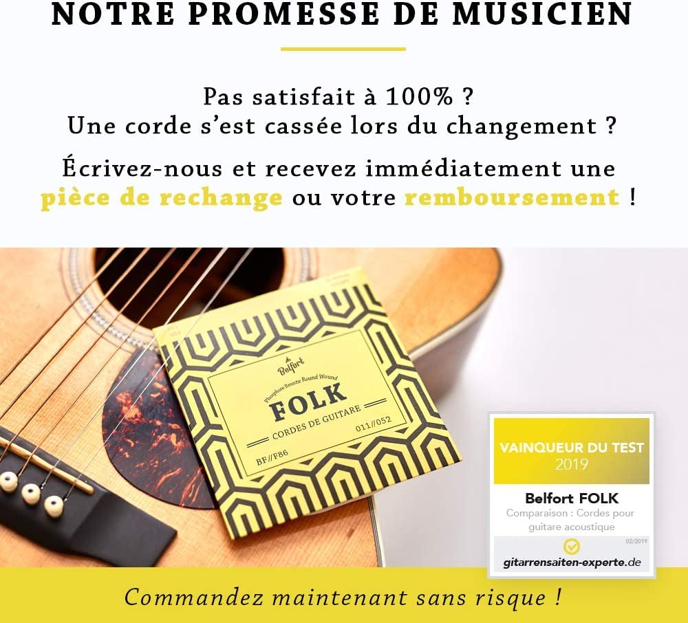 BELFORT® Cordes VAINQUEUR DE TEST 2019 - Pour guitare folk & acoustique - BONUS : Ebook gratuit + 4 plectres - en Phosphor Bronze (lot de 6) (1 jeu – 6 cordes + 1E sup. (.011/.052))