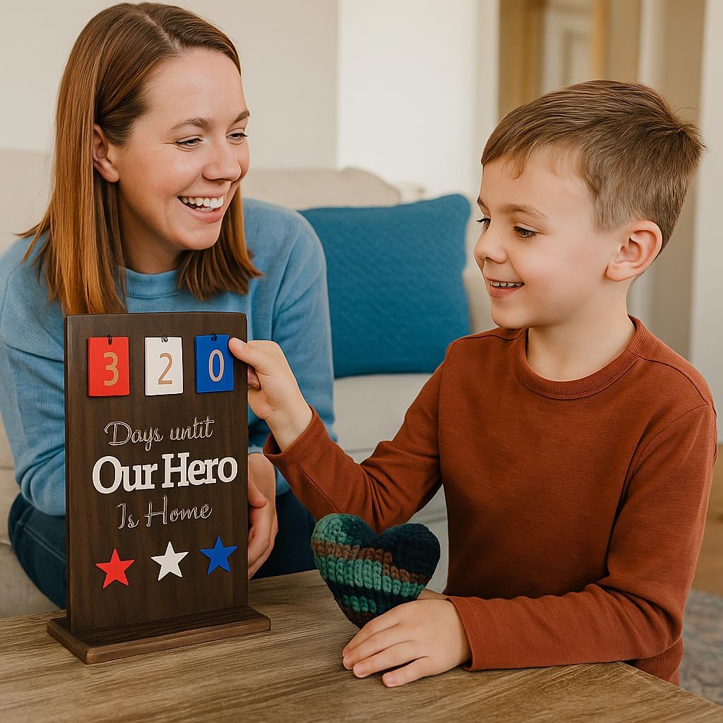 ACECARE Military Deployment Countdown Calendar – “Days Until Our Hero is Home” Wooden Sign with Flip Numbers | Patriotic Red White Blue Stars | Wooden Military Calendar, Homecoming Gift (Dark Brown)