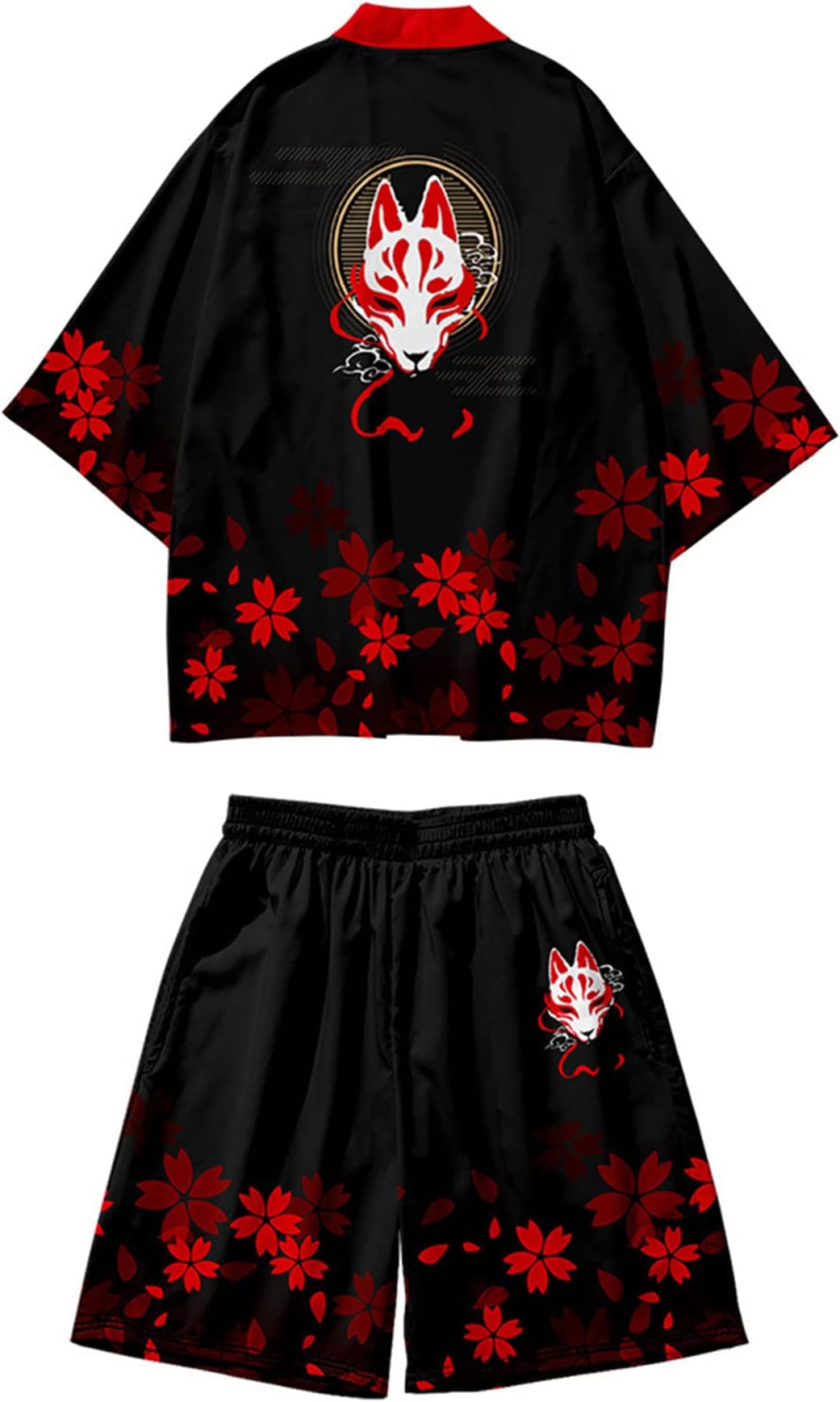 DOSLAVIDA Men's Japanese Kimono Cardigan Suit Chinese Style Printed Jacket Pants Set Open Front Seven Sleeve Top & Shorts