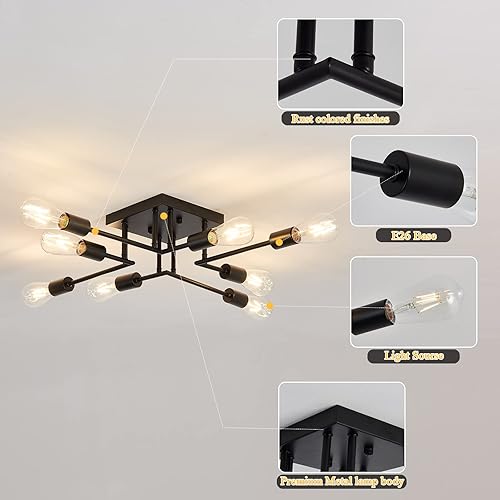 Miniatura 6 de ASGYISA Lámpara de Techo Semiempotrable de 8 Luces, Accesorio de Iluminación Moderno de Metal Negro Estilo Sputnik con Base de Bombilla E26, Luz de