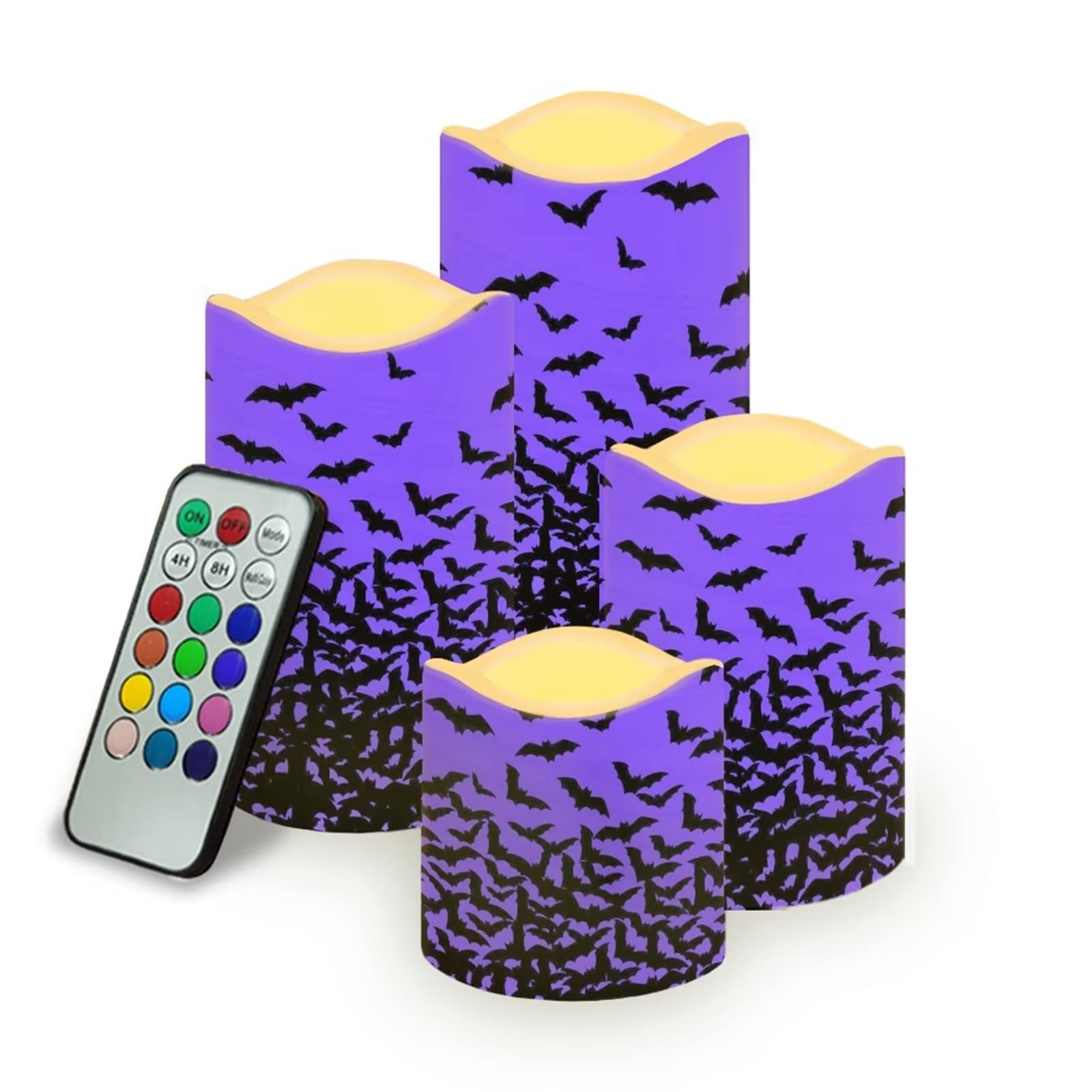 Nietoperze na Halloween, fioletowe świece LED, bezpłomieniowe do dekoracji domu, migoczące zdalne lampki nocne, zasilane bateriami z timerem, 4 sztuki