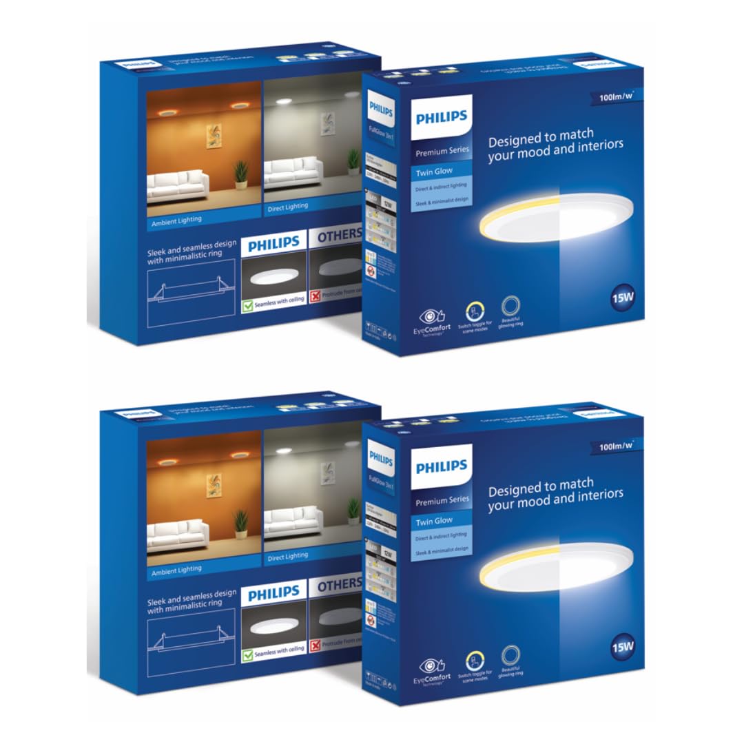 Philips 15-watt Round LED Up-Down Downlighter | Twinglow 15-watt LED Downlighter for Home & Decoration | Colours : Warm White + Cool Day Light, Pack of 2
