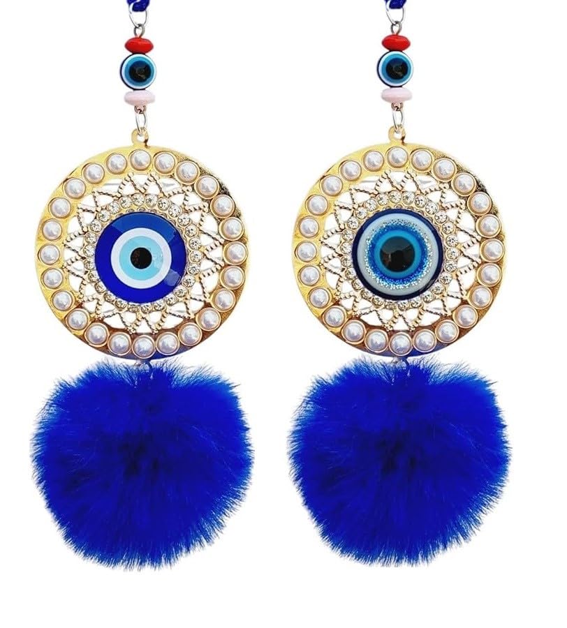 Image of Evil Eye Car Mirror Hanging Nazar Battu for Home Entrance Decoration, House Main Front Door Decor Hanging Decorative Items, Feng Shui Items for Good Luck, Blue, Set of 2