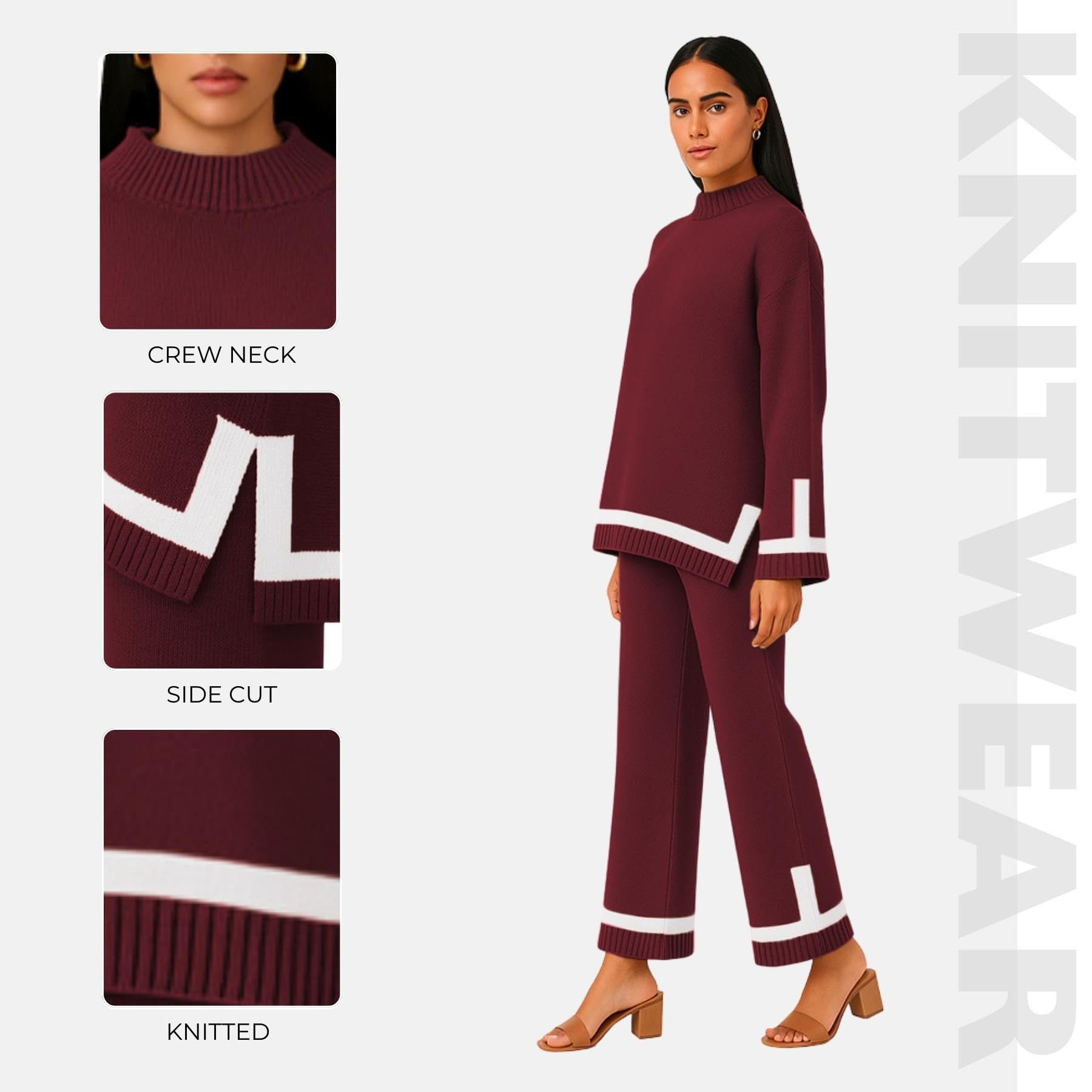 janisramone Set da donna in maglia Co Ord, maglione girocollo a maniche lunghe con pantaloni larghi in vita elasticizzata, set da 2 pezzi per il tempo libero da donna, elegante tuta da donna