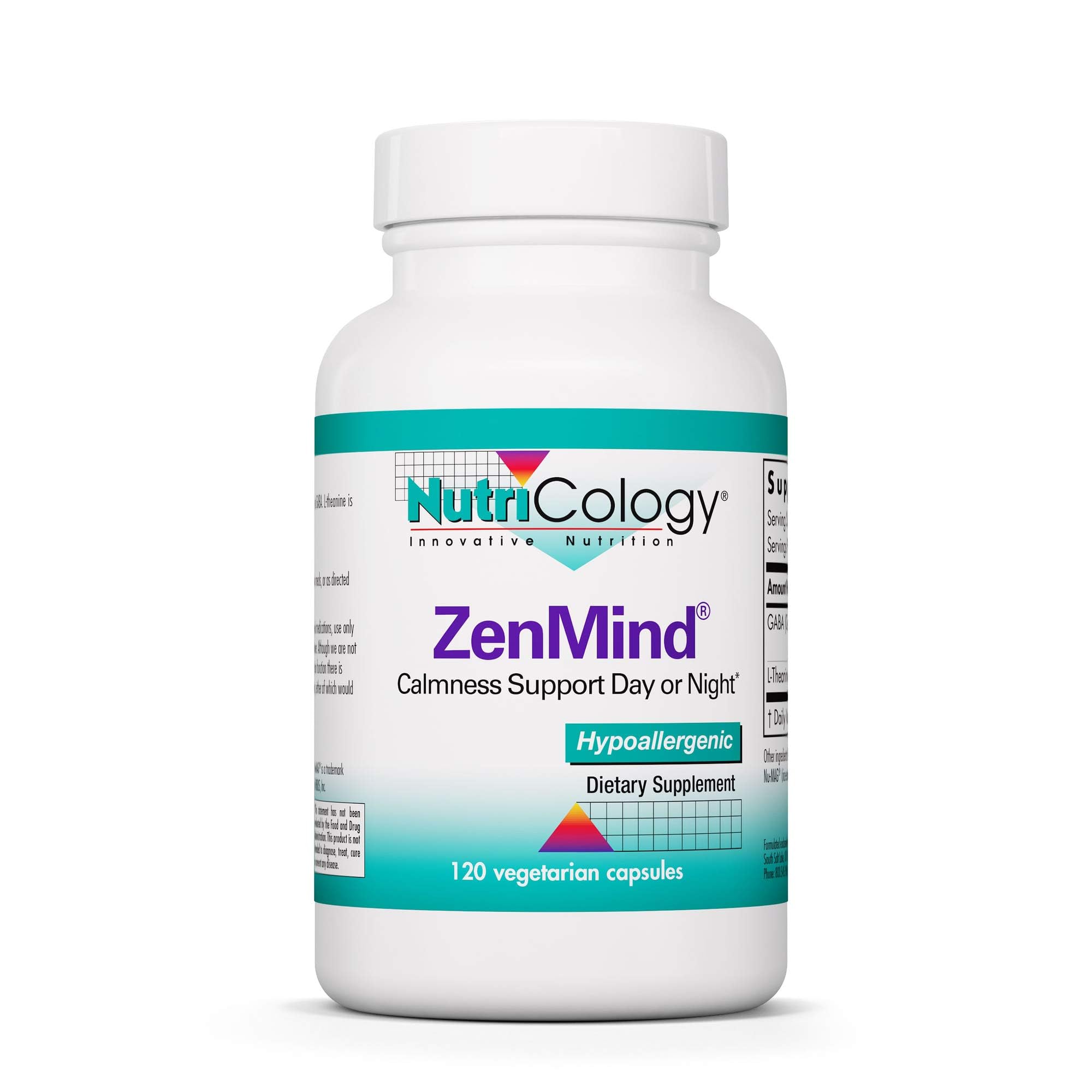Nutricology ZenMind Supplement - Calmness Support, Day or Night, GABA, L-Theanine, Hypoallergenic, Vegetarian Capsules - 120 Count