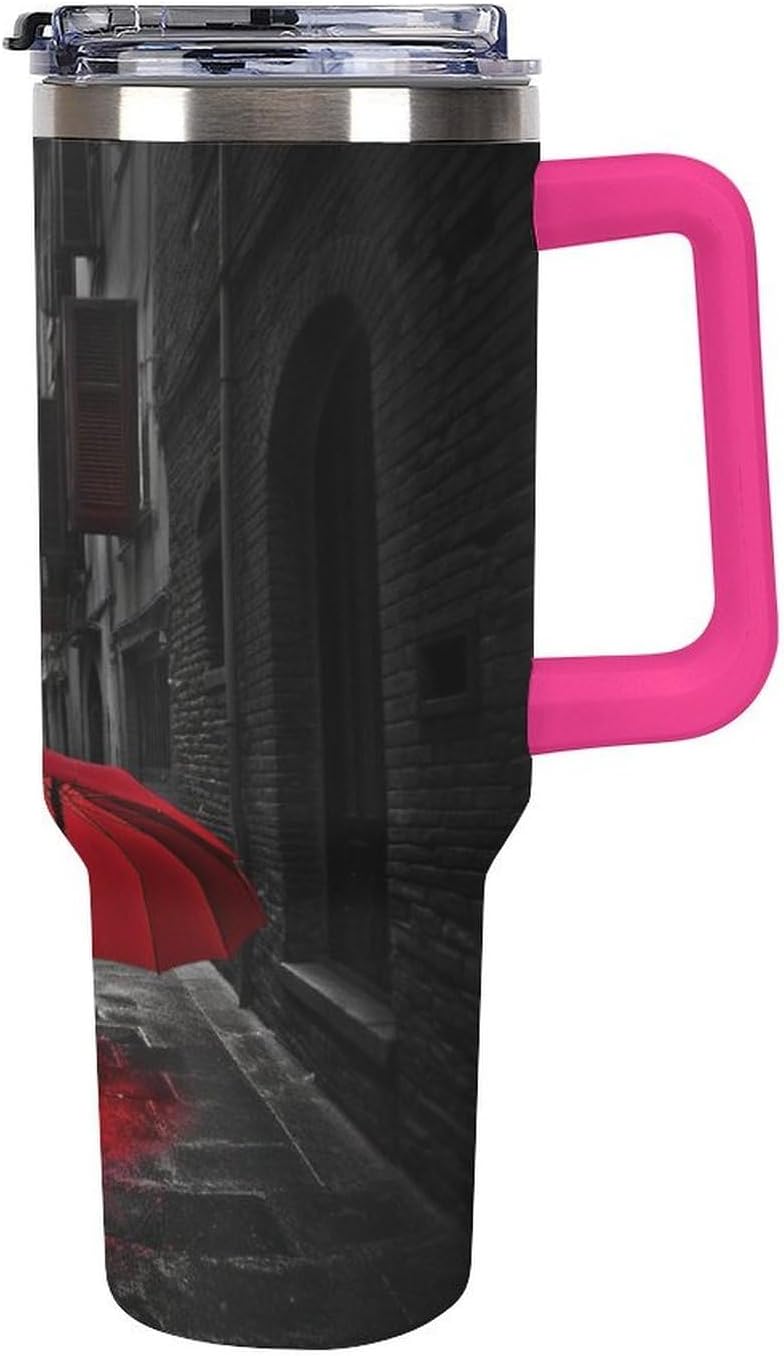 Red Umbrella on Dark Street Travel Coffee Mug Reusable Durable Stainless Steel Insulated Tumbler with Handle And Straw Leak Resistant Portable Thermal Cup Gifts for Men Women 40 Oz