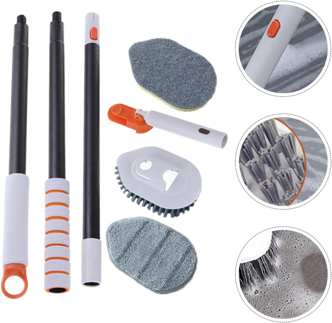 Multi-Function Floor and Grout Cleaning Brush Set with Extendable Handle, Hard Bristle and Scrub Pad Heads for Bathroom and Tile Floor Scrubbing
