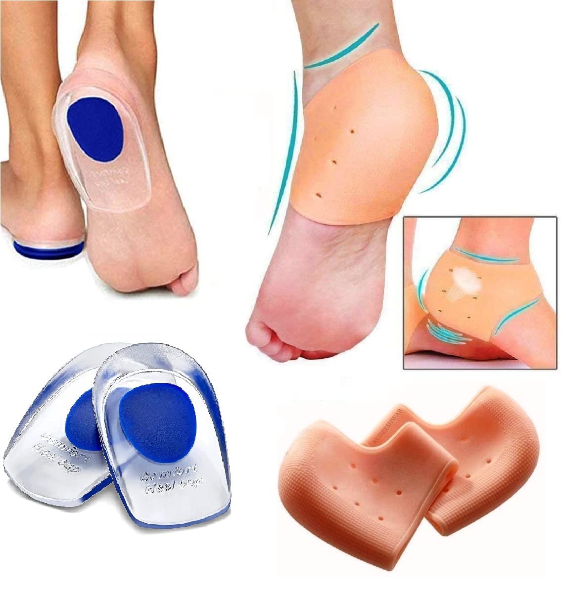 ATARAATARA Silicone Gel Heel Insoles Soles Pain Relieve Foot Protectors Support Shoe pad High Heel Inserts for Women and Men (1*Pair Blue heel Pad+1*Pair Half Back Cups)