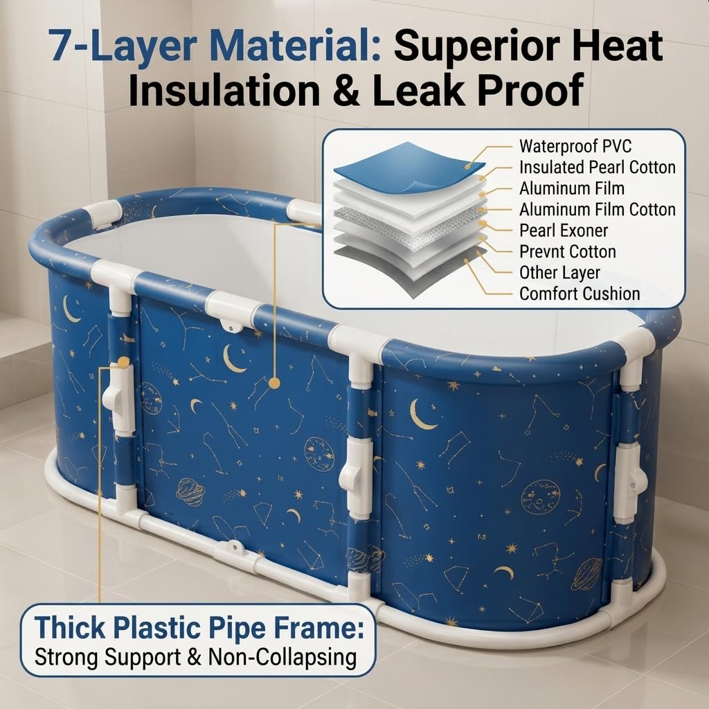 Bañera plegable, 119,9 x 59,9 x 50 cm, bañera portátil compuesta de material de 7 capas, ducha y baño de hielo, portátil, no inflable