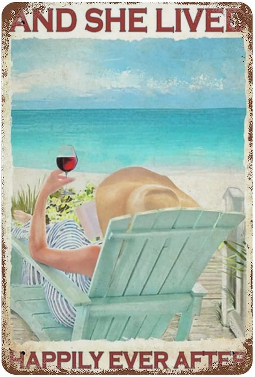 Creative Tin Sign Vintage Metal Tin Sign Funny and She Lived Happily Ever After Book and Wine On Beach Valentine's Day Sign Funny Bar Club Garage Home Decor Wall Art Tin Signs 8x12 inch