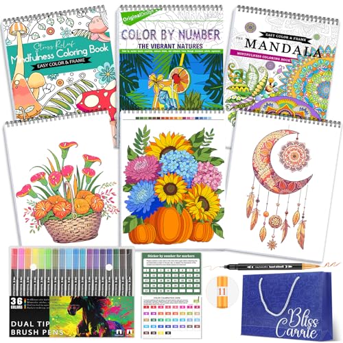 3Pcs Adult Coloring Books Set for Women Relaxation with 36 Colors Dual Tip Art Marker 68 Patterns Spiral Bound Single-Sided Mindfulness Pages It Include 1Pcs Color by Numbers Adult Coloring Book