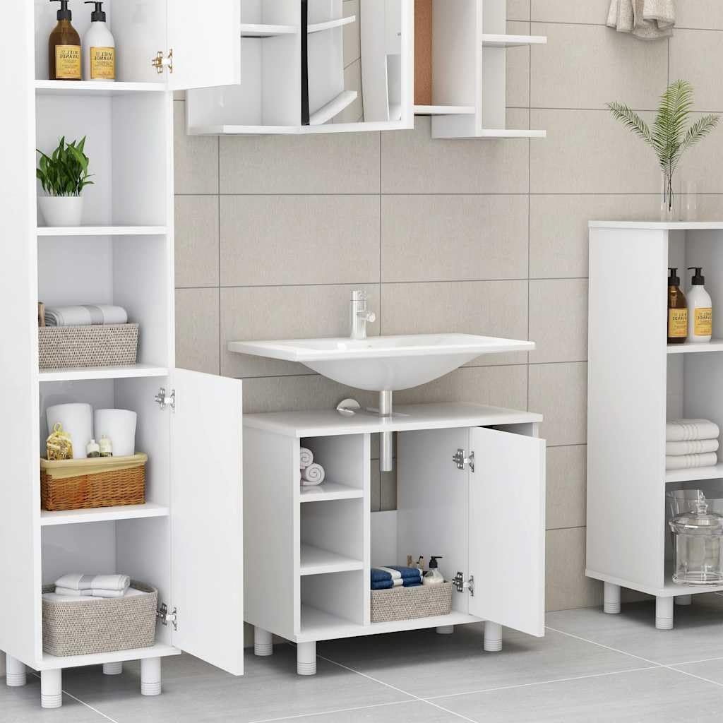 Armadietto da bagno bianco in legno 60 x 32 x 53,5 cm con 7 scomparti e porta, salvaspazio per set di mobili da bagno, per riporre e riporre oggetti nel WC degli ospiti o lavanderia