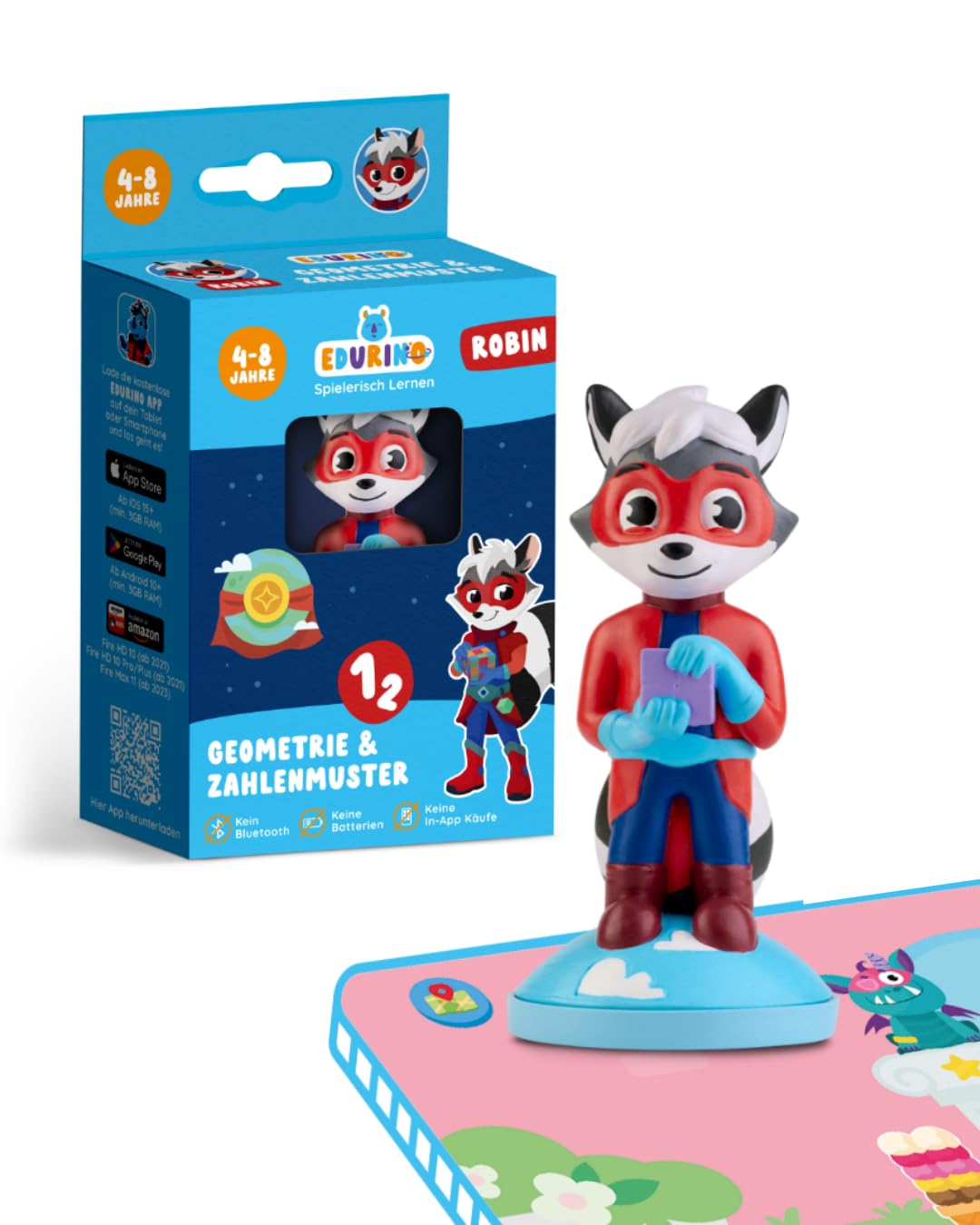 Edurino Figur Robin Geometrie & Zahlenmuster ab 4 Jahren inkl. App | Innovatives & digitales Lernspiel | Zahlenmuster erkennen | Geometrie und Symmetrie entdecken | Formenmuster gestalten