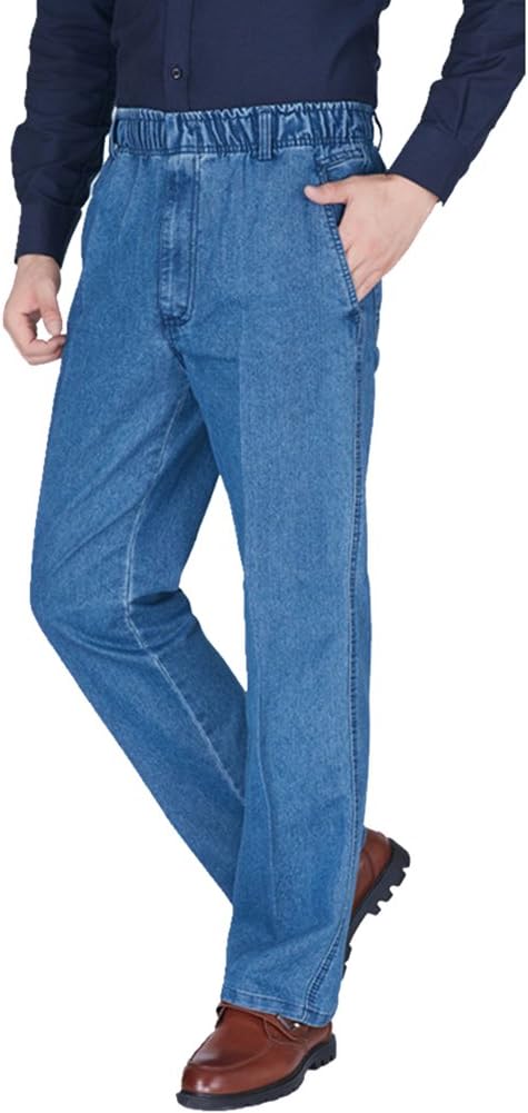 Mens Jeans Straight Fit Elasticated Waist Denim Trousers Loose Stretchable Jeans Trouser Pants