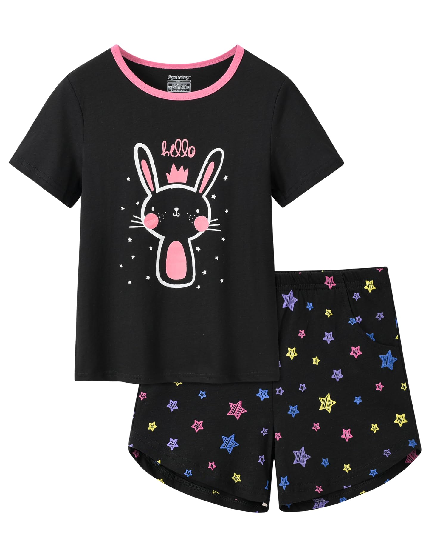 CYCHELRYBig Girls Pajamas Set Cut Cat and Bear Printed Short Sleeve Summer Sleepwear Loungewear Size 6-16