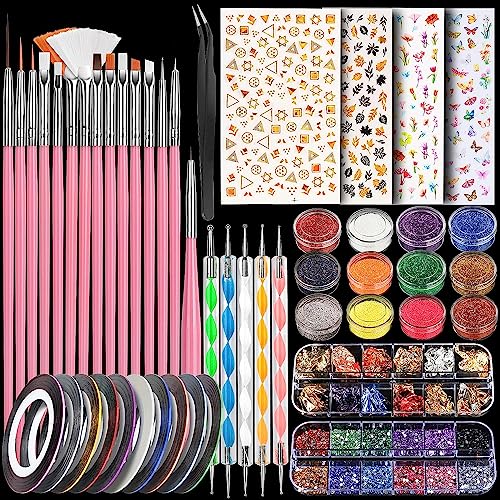 Image of Nail Art Kit with Nail Glitter & Nail Sticker, Teenitor Nail Art Brushes for Beginners Nail Dotting Tool with Nail Gems Nail Art Striping Tape