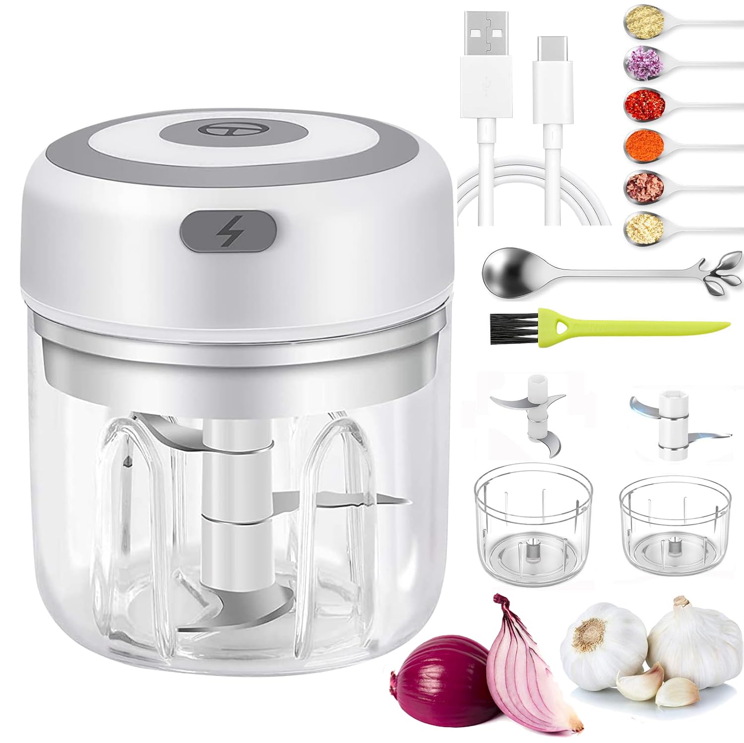 Electric Mini Garlic Chopper & Food Processor with Spoon & Brush - 2 Cup Portable Cordless Vegetable Blender, Onion Mincer with USB Charging for Baby Food, Chili, Herbs, Spices (White, 100+250ml)