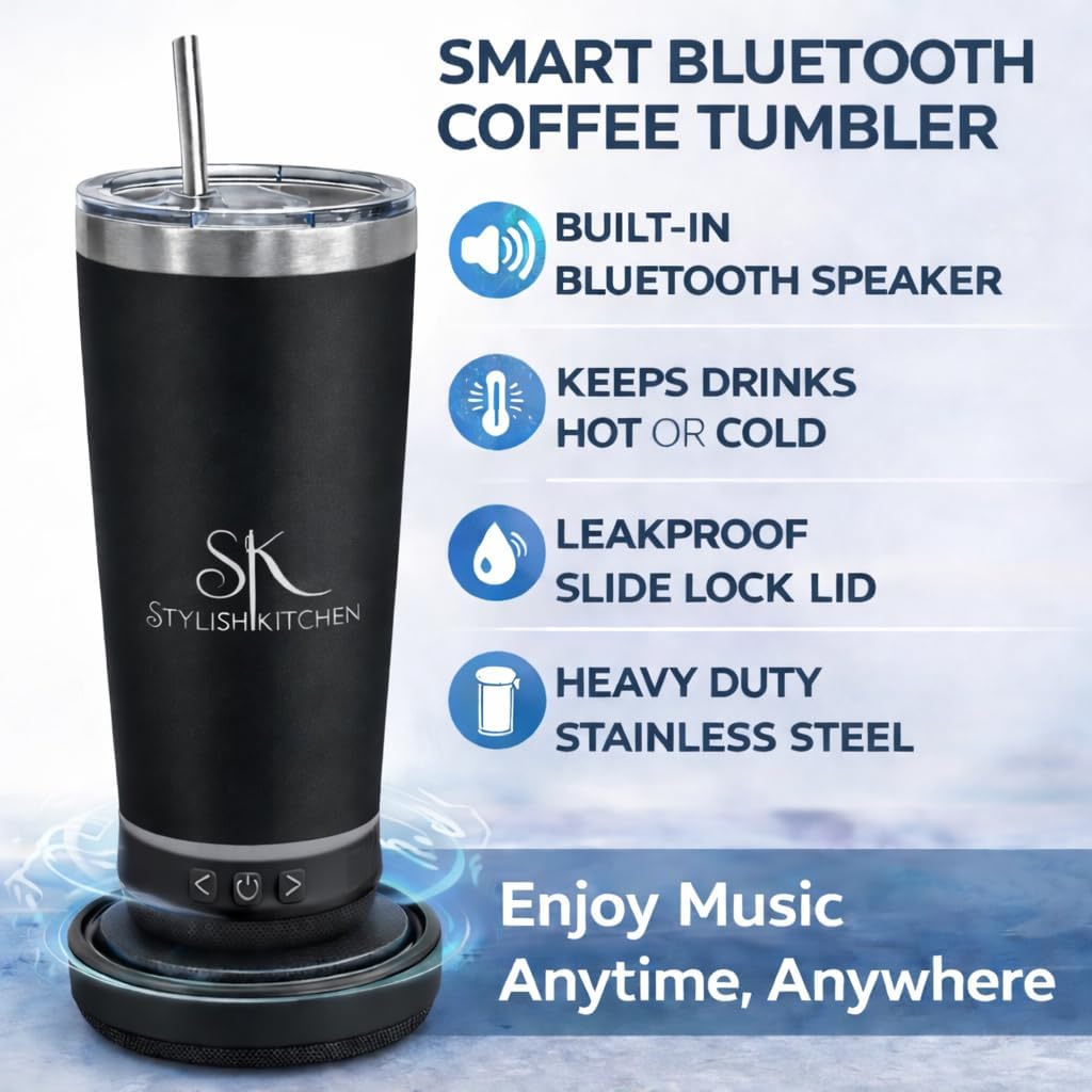 20oz Stainless Steel Bluetooth Tumbler with Lid – Insulated Tumblers for Hot & Cold Drinks, Heavy-duty Travel Coffee Mug with Detachable Bluetooth Speaker (Black) image 2