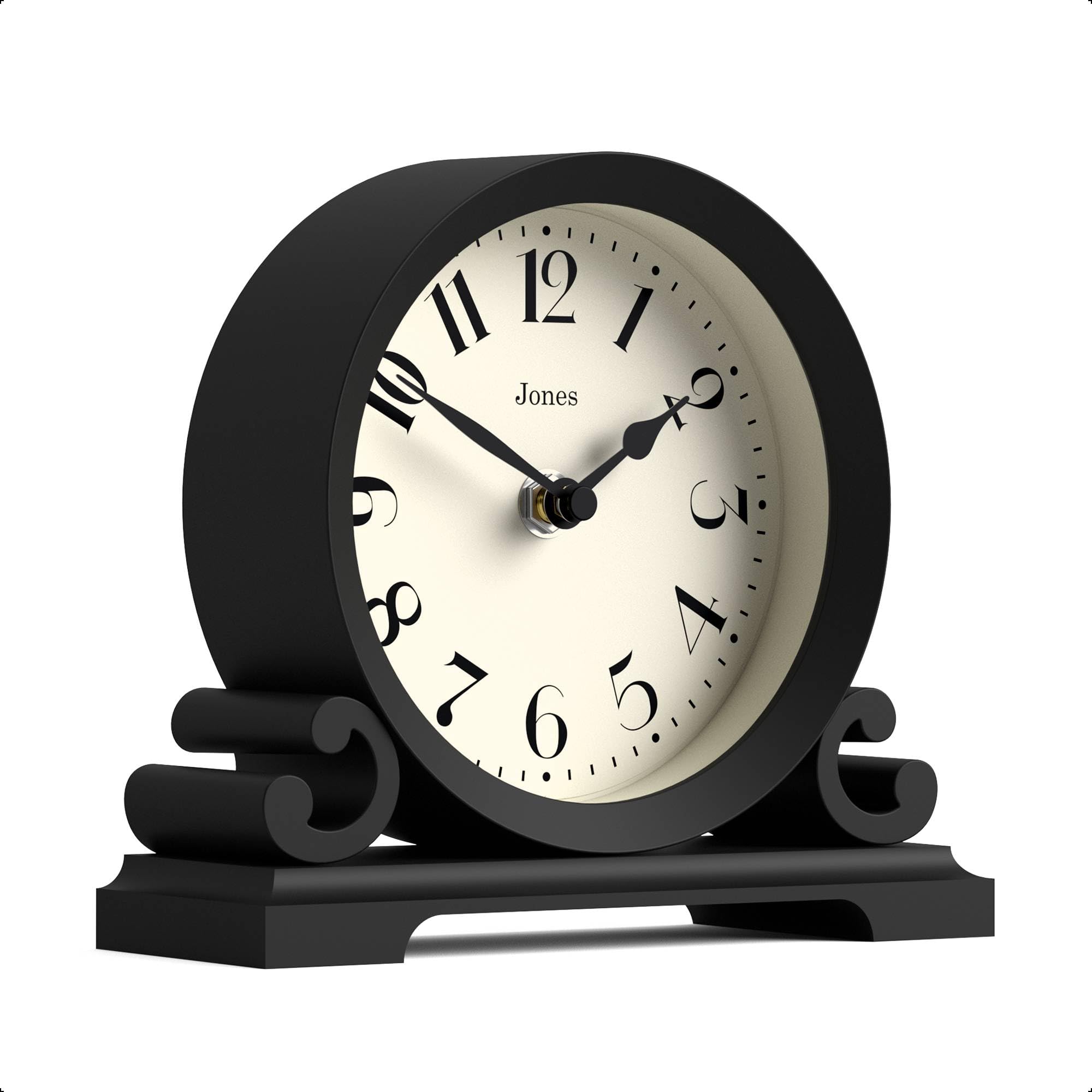 Jones Clocks Black Jones Clocks® Saloon Mantel Clock | Small Traditional Double Scroll Design | | Contemporary Classic Style For Desk, Table, Shelf Or Bedside