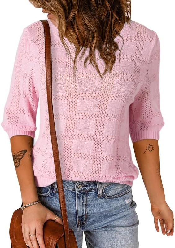 Dokotoo Women's Casual Short Sleeve Loose Tunic Tops Lightweight Crochet Knit Summer Sweaters Blouses - Image 2