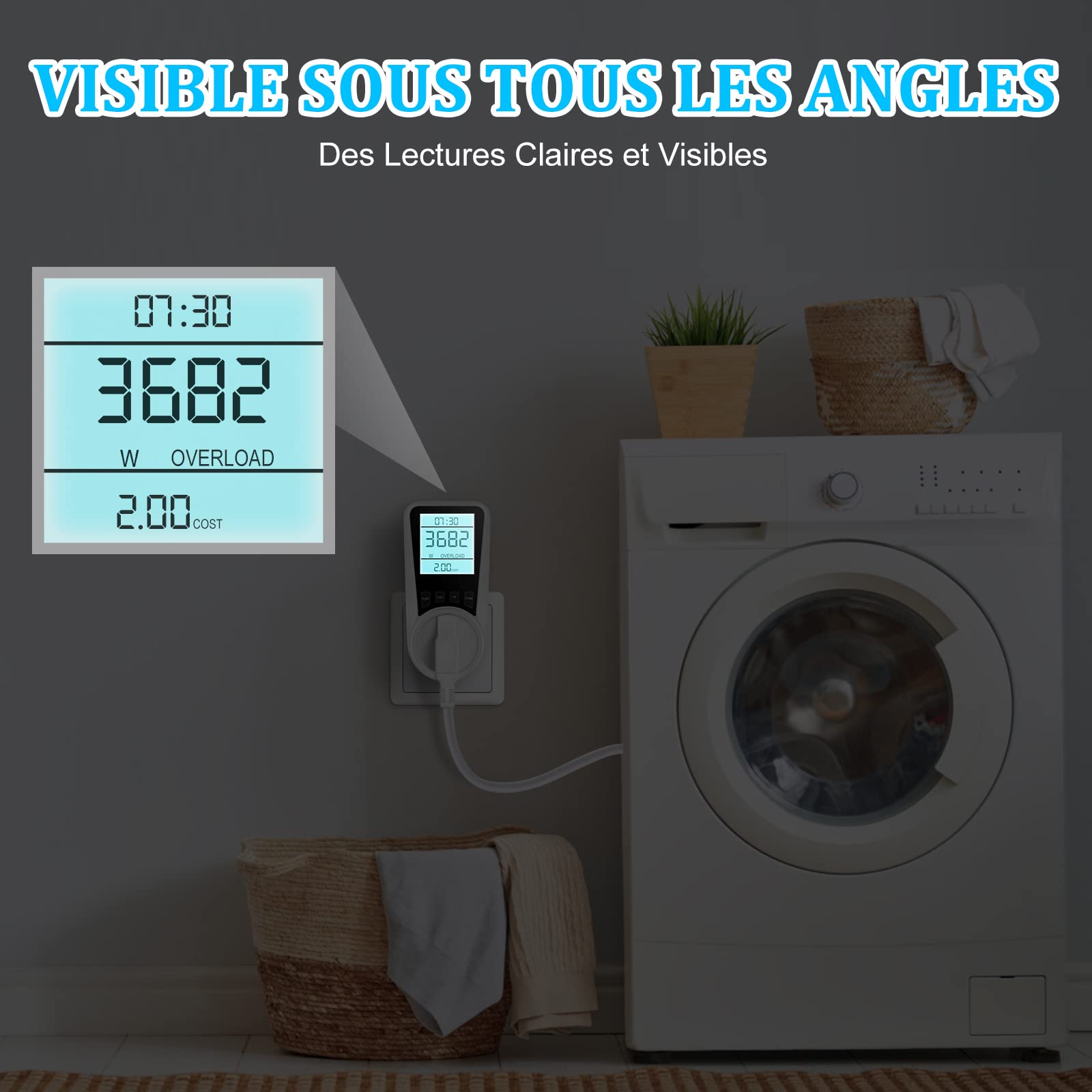 Wattmetro Presa Contatore di Energia, Consumo di Energia con 7 Modalità Monitoraggio, Display LCD Retroilluminato, Presa Consumo di Energia, Sovraccarichi di Protezione, 3680W MAX