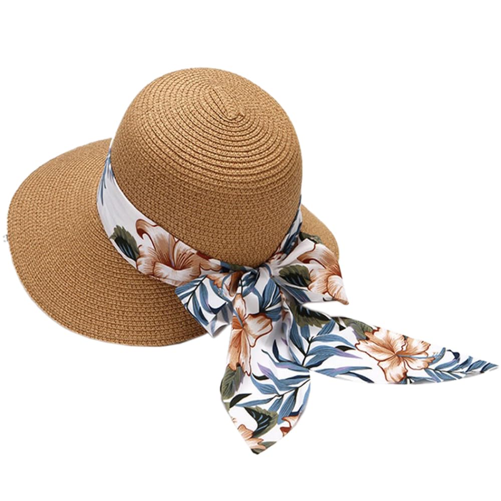 Chapeau De Soleil Femme - Paille Avec Nœud - Bord 10 Cm - Protection UV - Pliable - Tour Tête 56-58 Cm - Pour Plage, Vacances, Jardinage