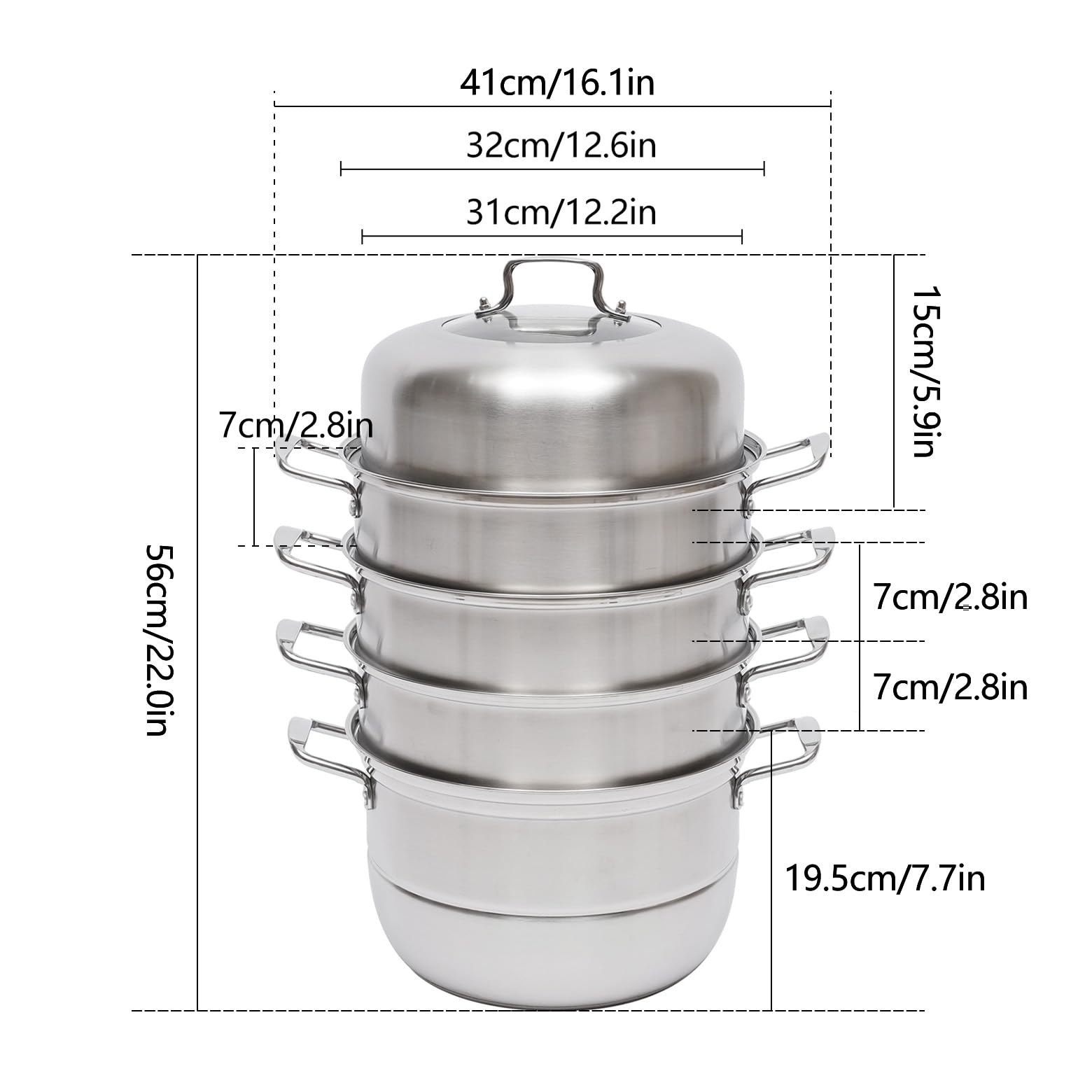 Mantowarka, pentola a vapore a 5 ripiani, in acciaio inox, 32 cm, pentola a vapore Mantowarka, coperchio in vetro, inserto per vapore e coperchio in vetro, pentola a vapore, anche per fornelli a