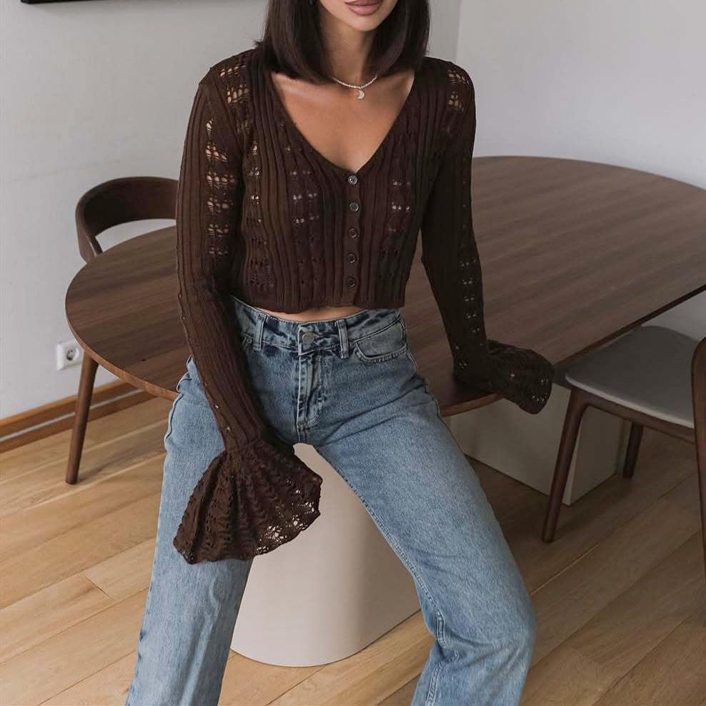 Women Crochet Cardigan Button Down Bell Long Sleeve V Neck Knit Crop Shirts Lightweight Sweater Tops3