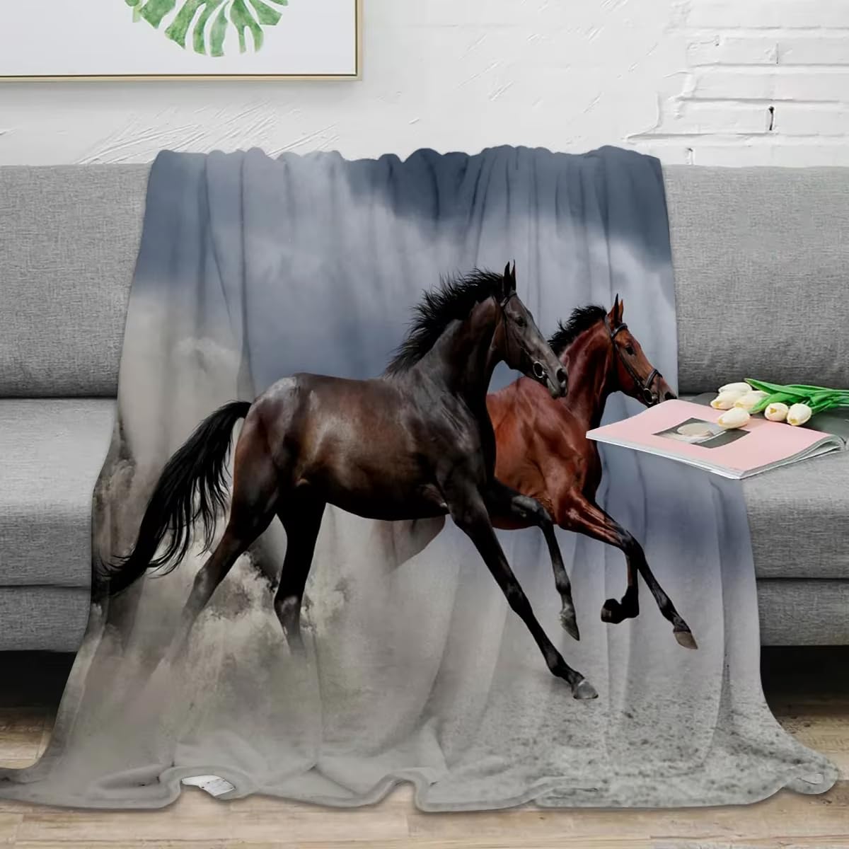 Koc polarowy 150 x 200 cm, czarny koń, narzuta na prezent, miękka flanela, przeciw roztoczom, narzuta na łóżko dla dorosłych i dzieci