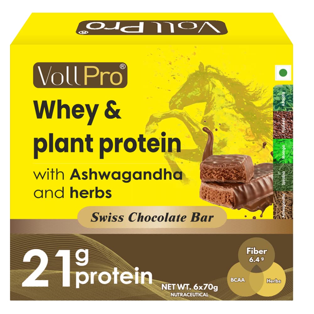 Voll Pro- High Protein 21g Protein Bar Whey & Plant Protein Blend with Herbs - Ashwagandha, Flaxseeds, Moringa No Added Sugar [Pack of 6 x 70g] 6.4g Fiber, Probiotics & BCAA
