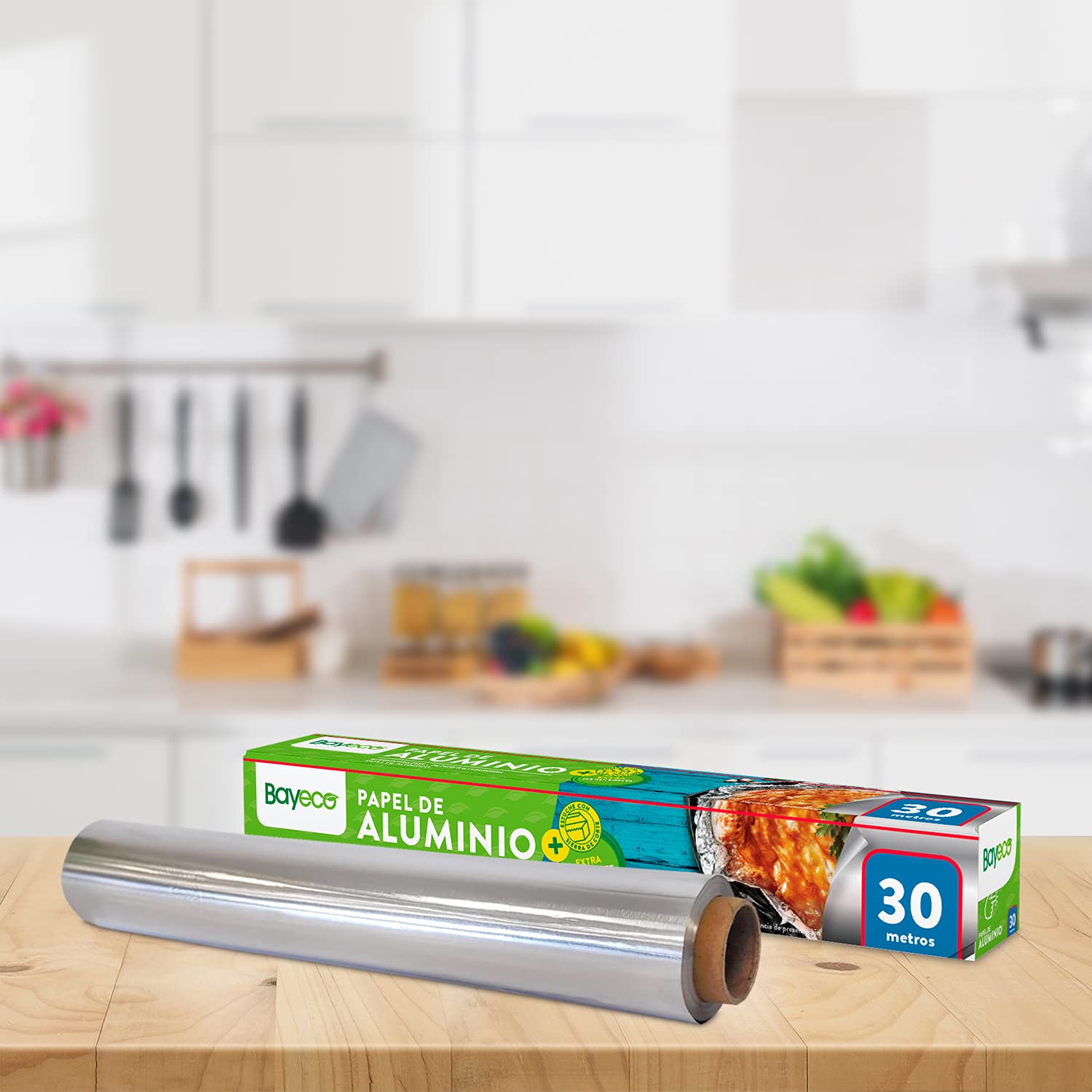 Bayeco - Carta in alluminio extra resistente - Conservazione e confezionamento degli alimenti - Astuccio con sega da taglio - Extra resistente agli strappi - Elevata malleabilità - Rotolo di 50 metri