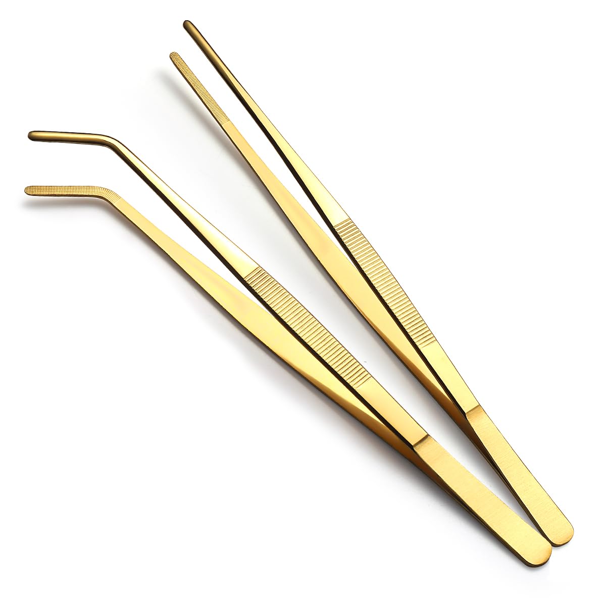 Berglander Kitchen Tweezers Tongs 2pcs, 30.5cm Extra-Long Titanium Gold Plating Stainless Steel Metal Heavy Duty Cooking Tweezers for Chef, Serving Food, Grill, Culinary, Pasta, Salad, BBQ