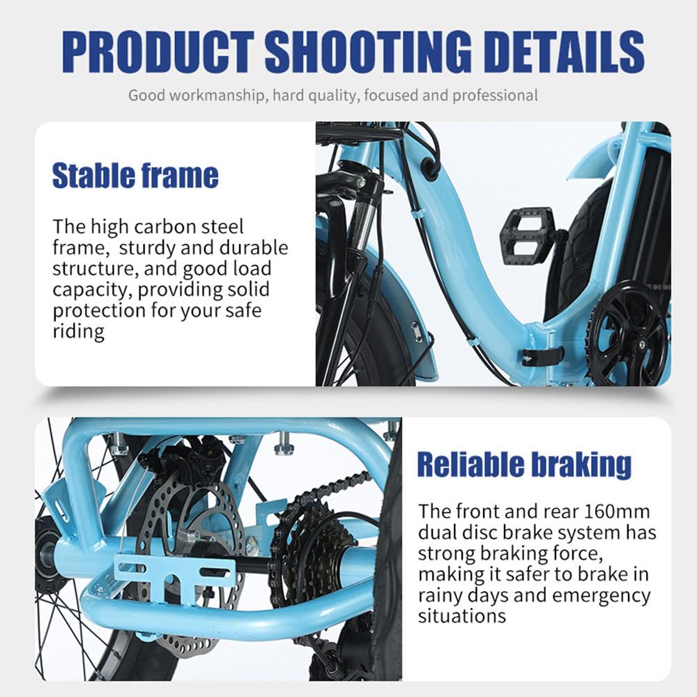 E-Bike Erwachsene Elektro-Dreirad 18 Zoll faltbar mit Tretunterstützung, bequemer Sitz, 2 Gepäckkörbe 30 kg, ideal für Steigungen Einkauf blau