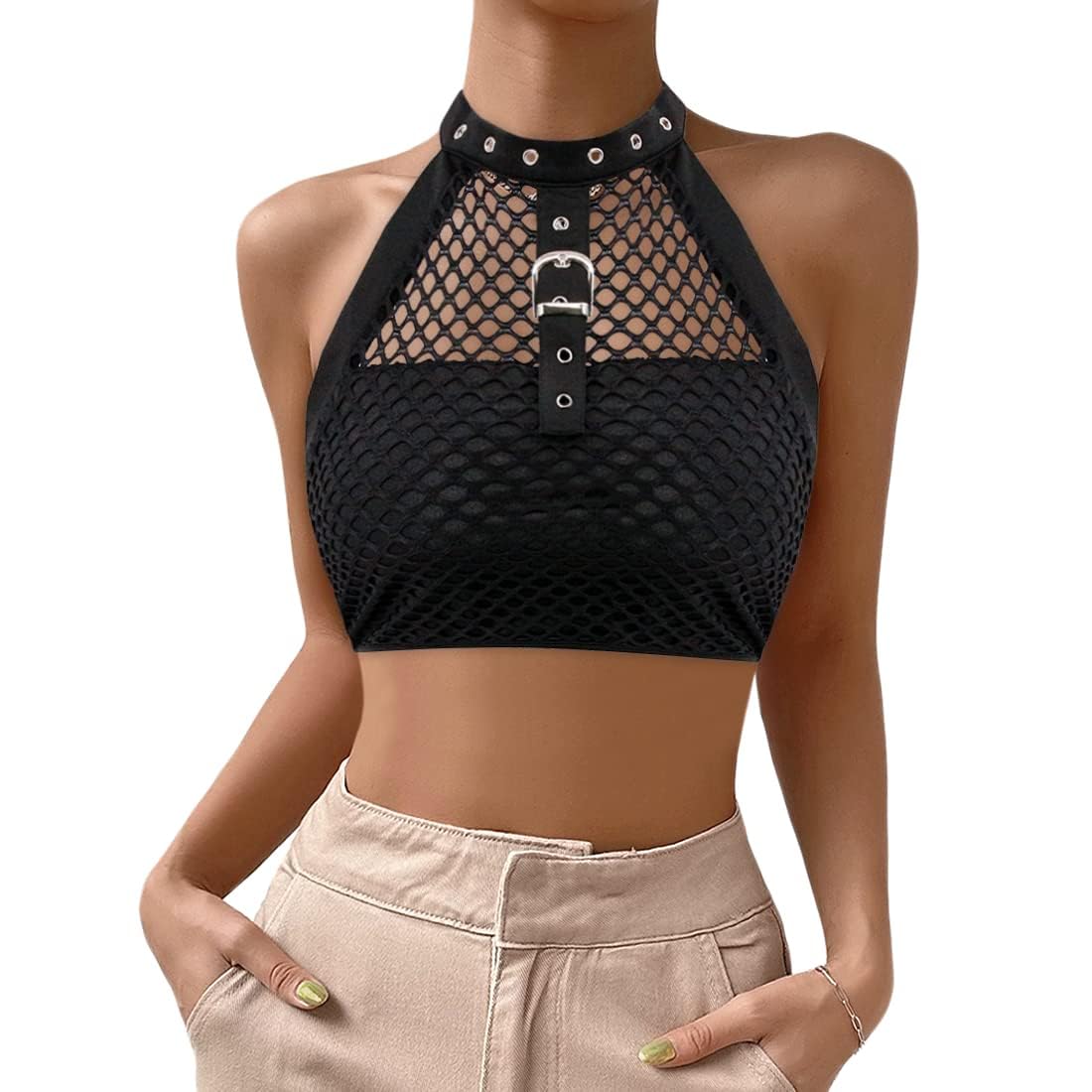 Women's Sexy Fishnet Choker Buckle Halter Crop Tank Top Backless Punk Cami Bandeau Clubwear for Rave Party