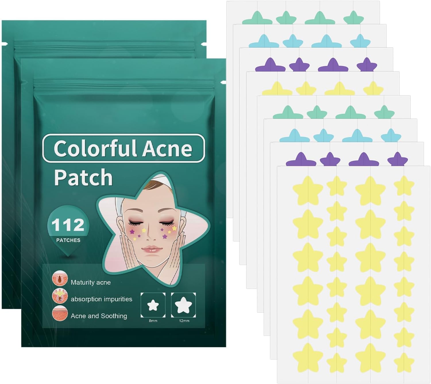 MAKINGTEC224 Pcs Star Shape Pimple Acne Patches, Hydrocolloid Spot Dots Stickers Acne Absorbing Cover Patch Blemishes Patch Cover Dot Patch for Acne Blemish Pimples Whiteheads Zit