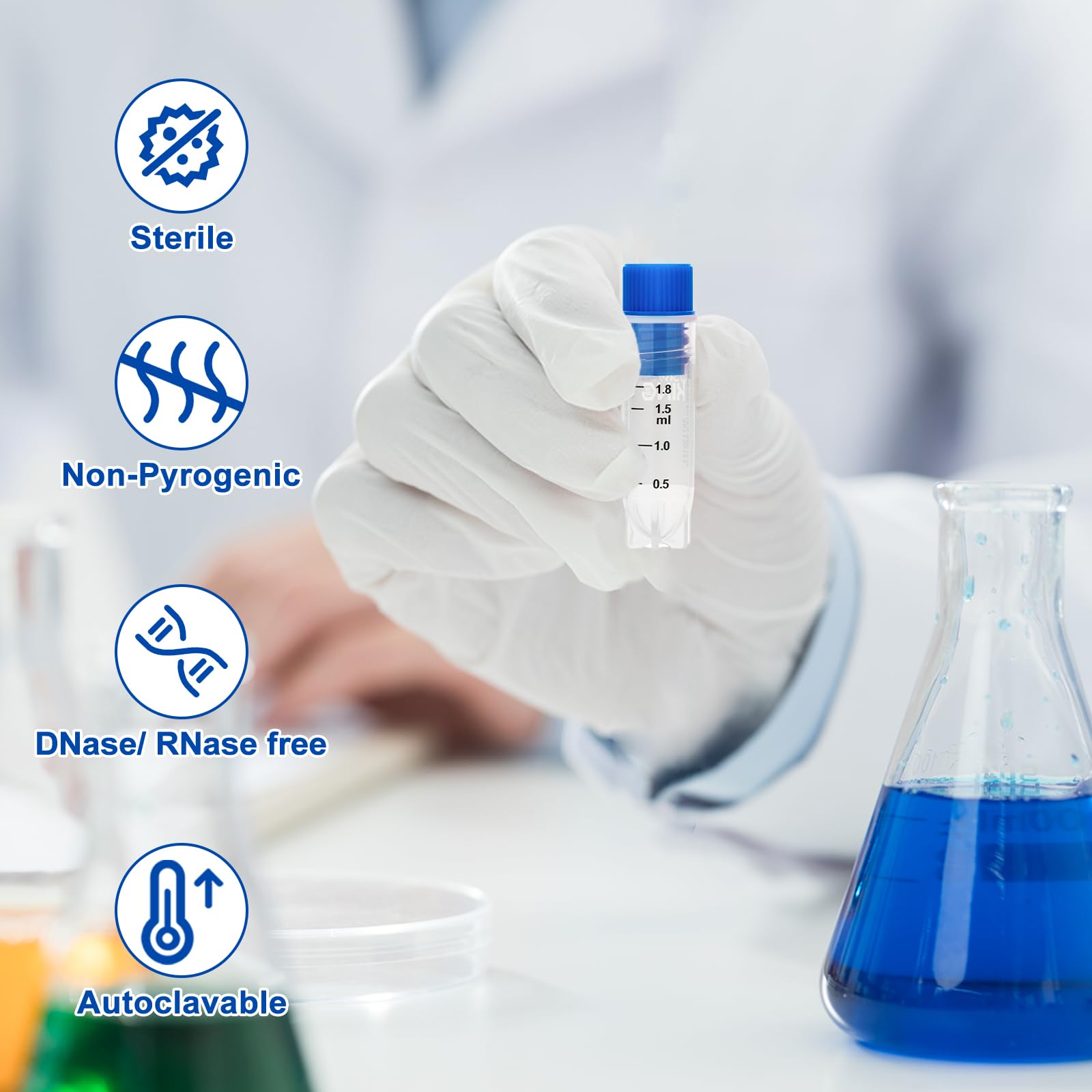 Crioviales de 0.05 onzas líquidas, tubos de almacenamiento codificados lateralmente, viales de laboratorio de polipropileno con tapa azul, pequeños viales de muestra de líquido con rosca