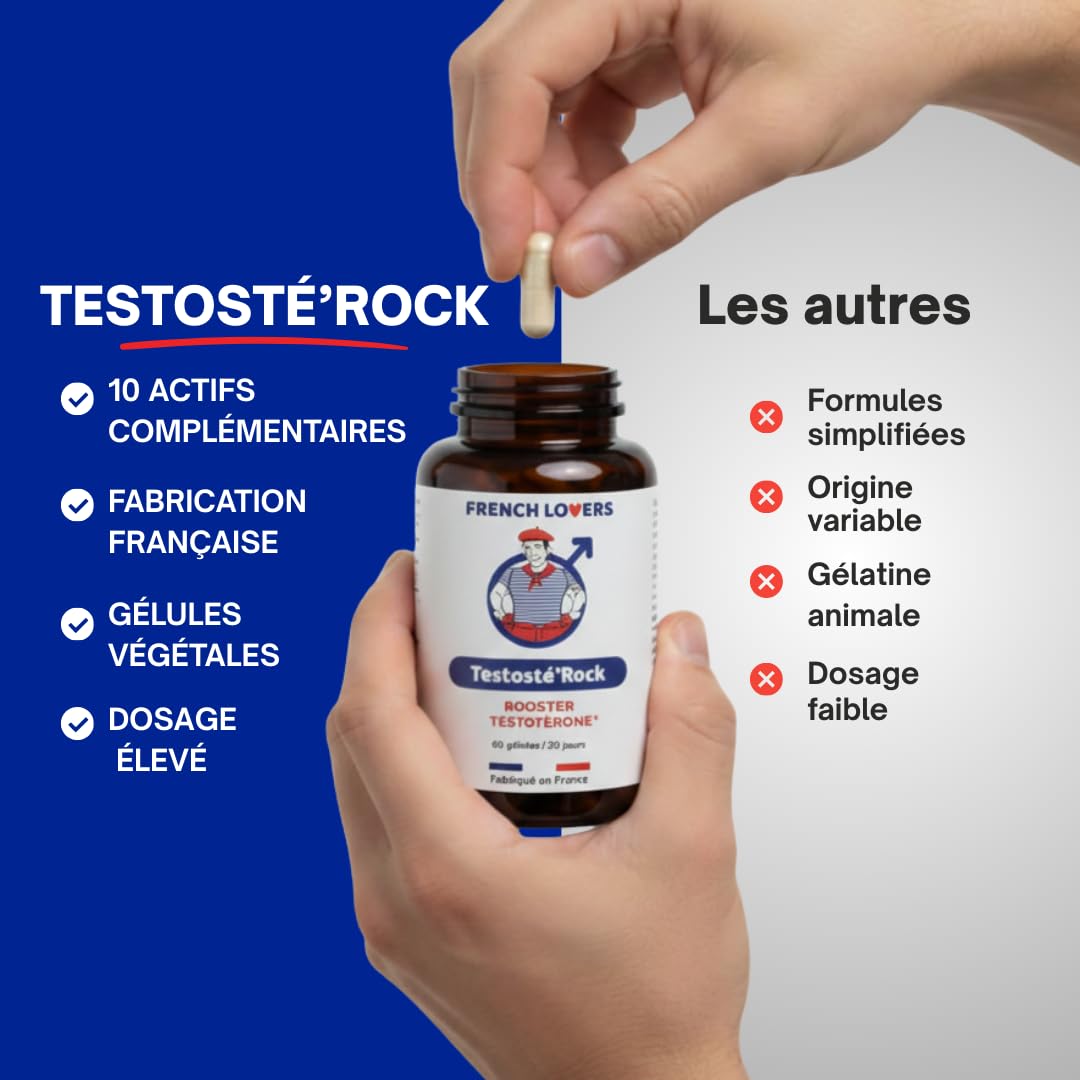 Testosté'Rock Booster Performance Homme | Soutien Taux de Testostérone & Musculation | Énergie, Vigueur & Vitalité | Maca, Zinc, Tribulus & Ashwagandha | 60 Gélules Fabriqué en France