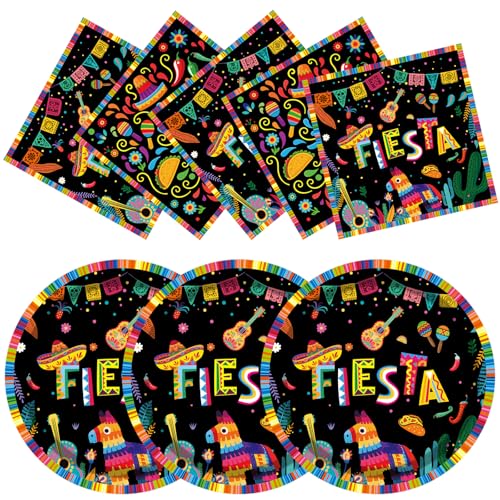50PCS Mexican Fiesta Plates and Napkins Party Decorations 7inch Cinco de Mayo Disposable Tableware with Paper Dessert Plates Luncheon Napkins for Mexican Themed Party Taco Tuesday Fiesta Supplies