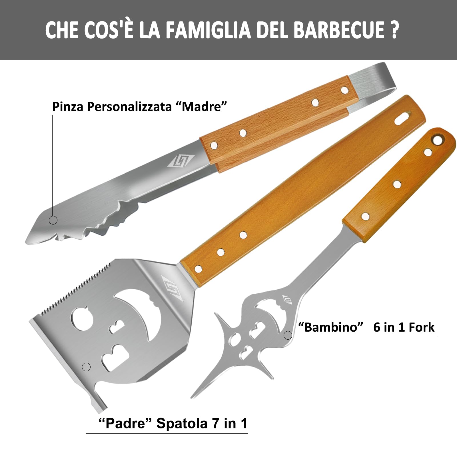 Set Accessori Barbecue Extra Lunghi - Spatola, Forchetta, Pinza 7in1, Acciaio Inox, Con Apribottiglie - Foto 13