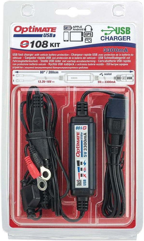 Optimate Tecmate USB O-108 KIT, Smart 3300mA in-Line USB Charger with Sleep Mode and Vehicle Battery Controller.