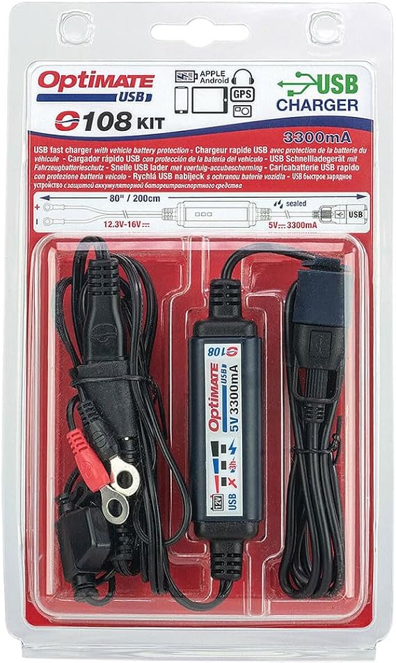 Optimate Tecmate USB O-108 KIT, Smart 3300mA in-Line USB Charger with Sleep Mode and Vehicle Battery Controller.